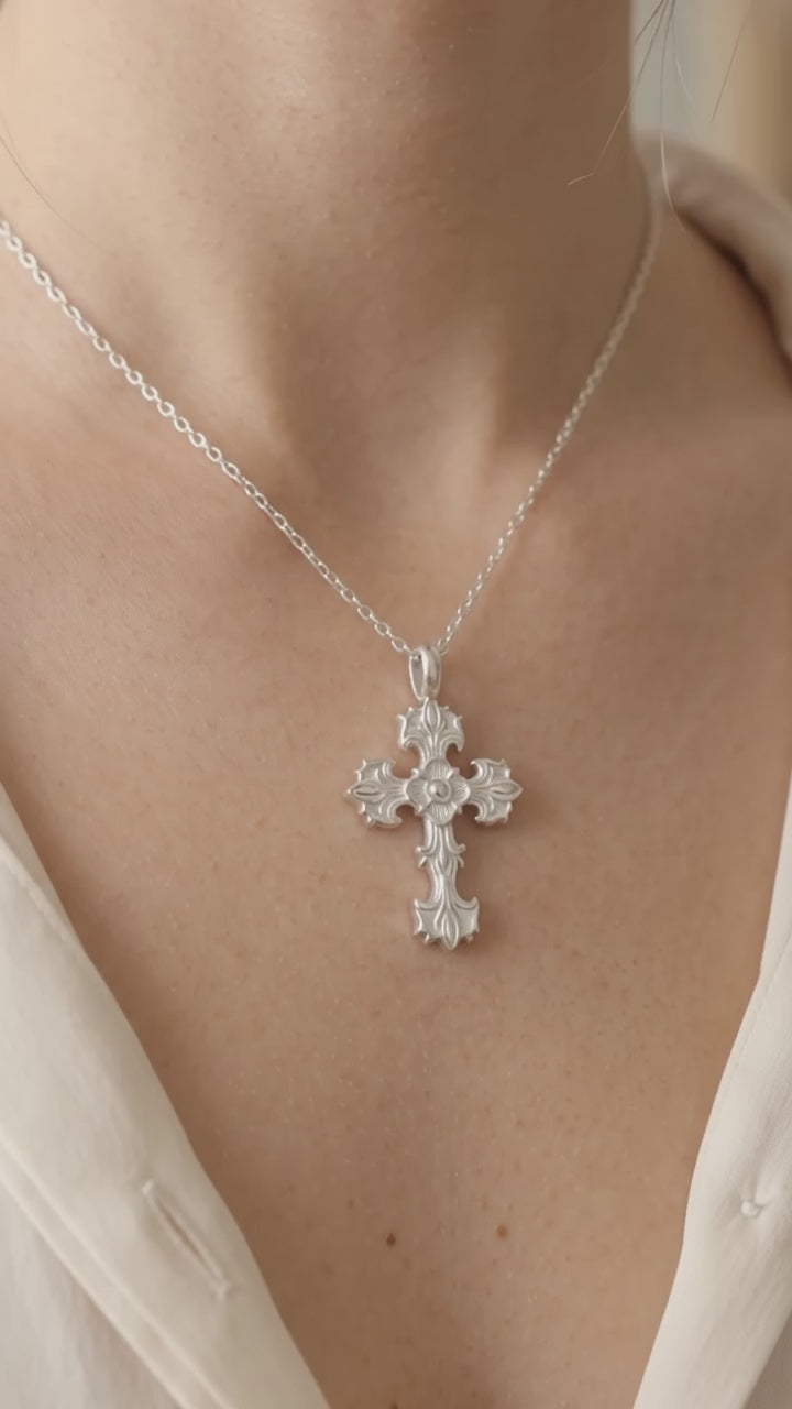 Custom 925 Sterling Silver Baroque Floral Cross Pendant for Sacred Grace & Eternal Faith