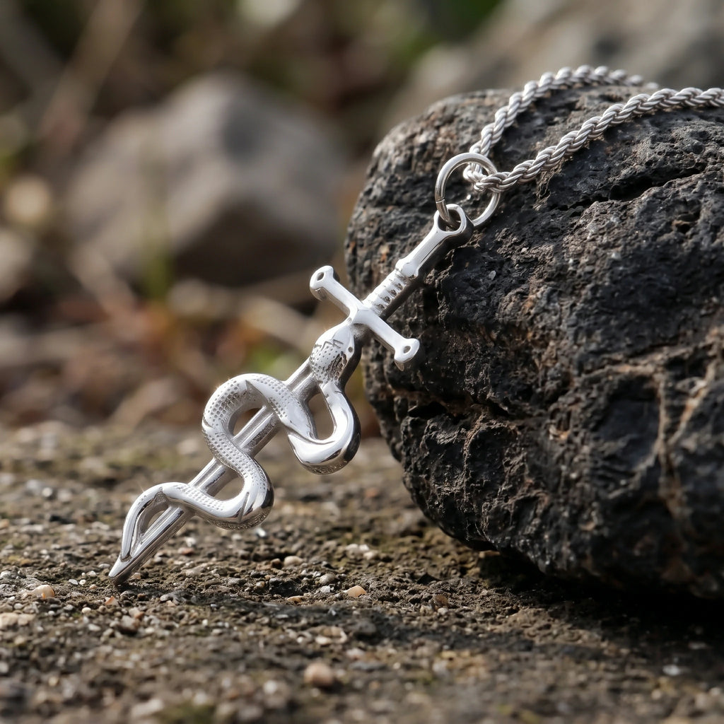 925 Sterling Silver Vintage Durable Snake and Sword Pendant Necklace