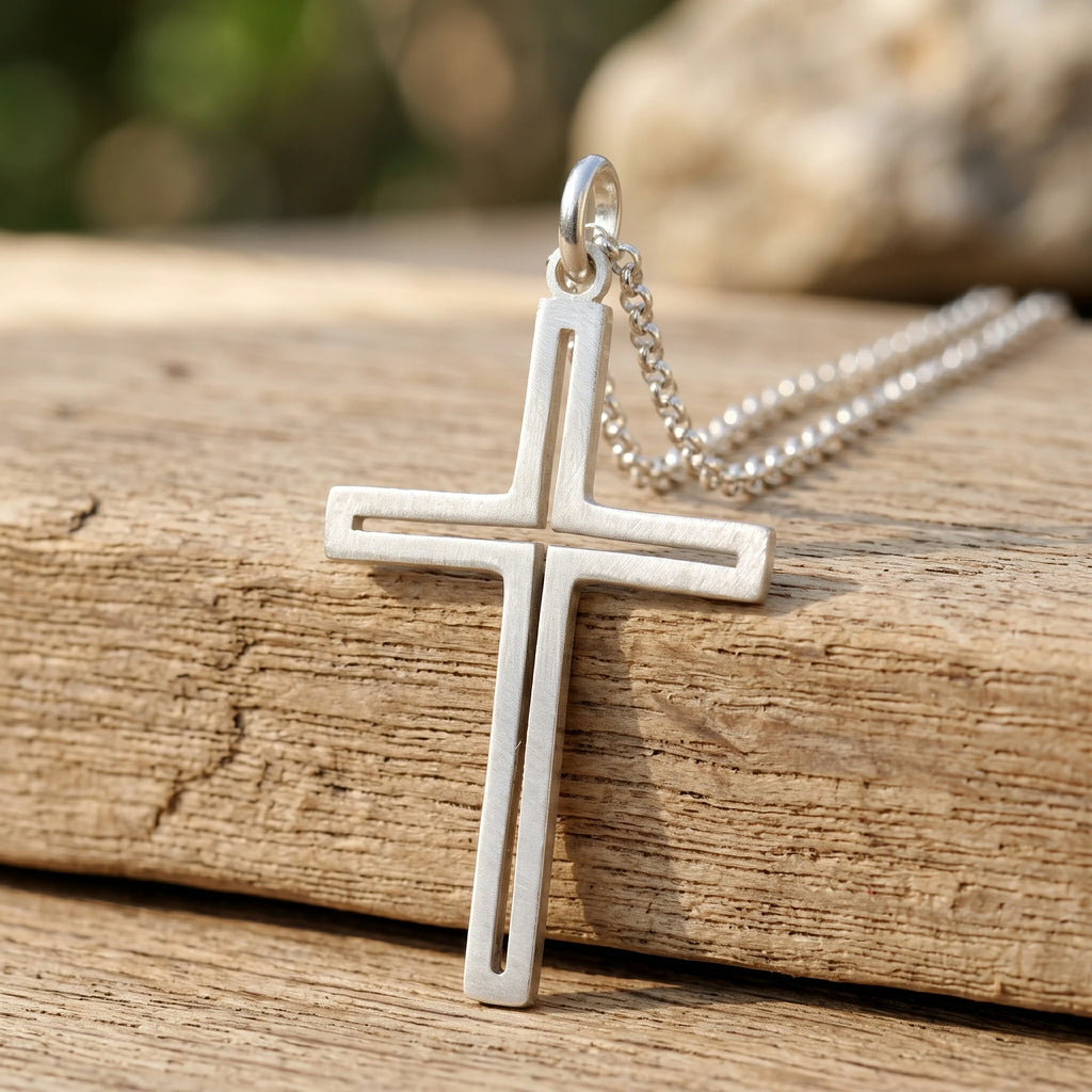 Sacred Light Hollow Cross Pendant, Solid 925 Sterling Silver Faith Alignment Necklace