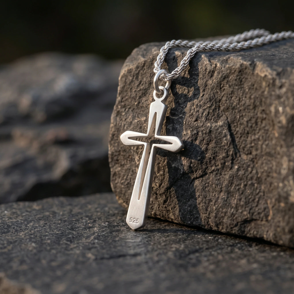 925 Sterling Silver Hollow Cross Pendant Embodying His Eternal Grace and Holy Light
