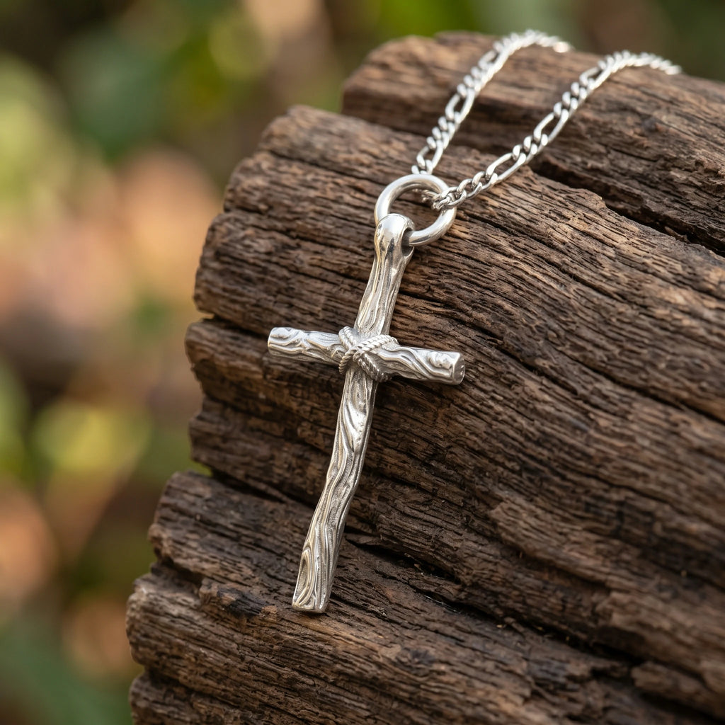 Living Branch Sacred Wood Cross, Textured 925 Sterling Silver Faith Necklace