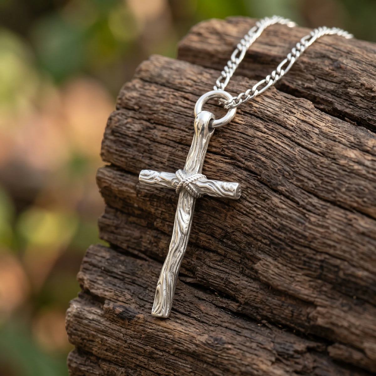 Living Branch Sacred Wood Cross, Textured 925 Sterling Silver Faith Necklace