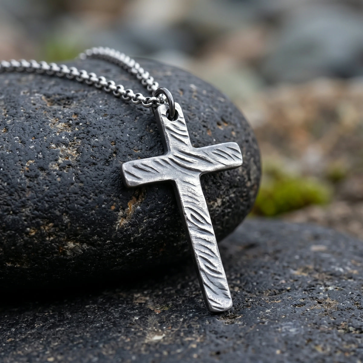 925 Sterling Silver Hammered Cross Durable Faith Protection Necklace