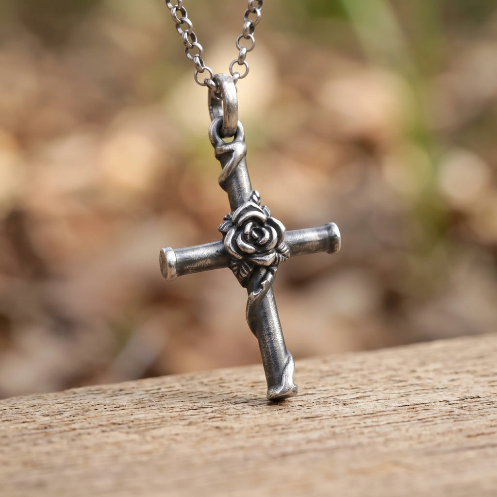 925 Sterling Silver Rose Cross Durable Faith Pendant Necklace