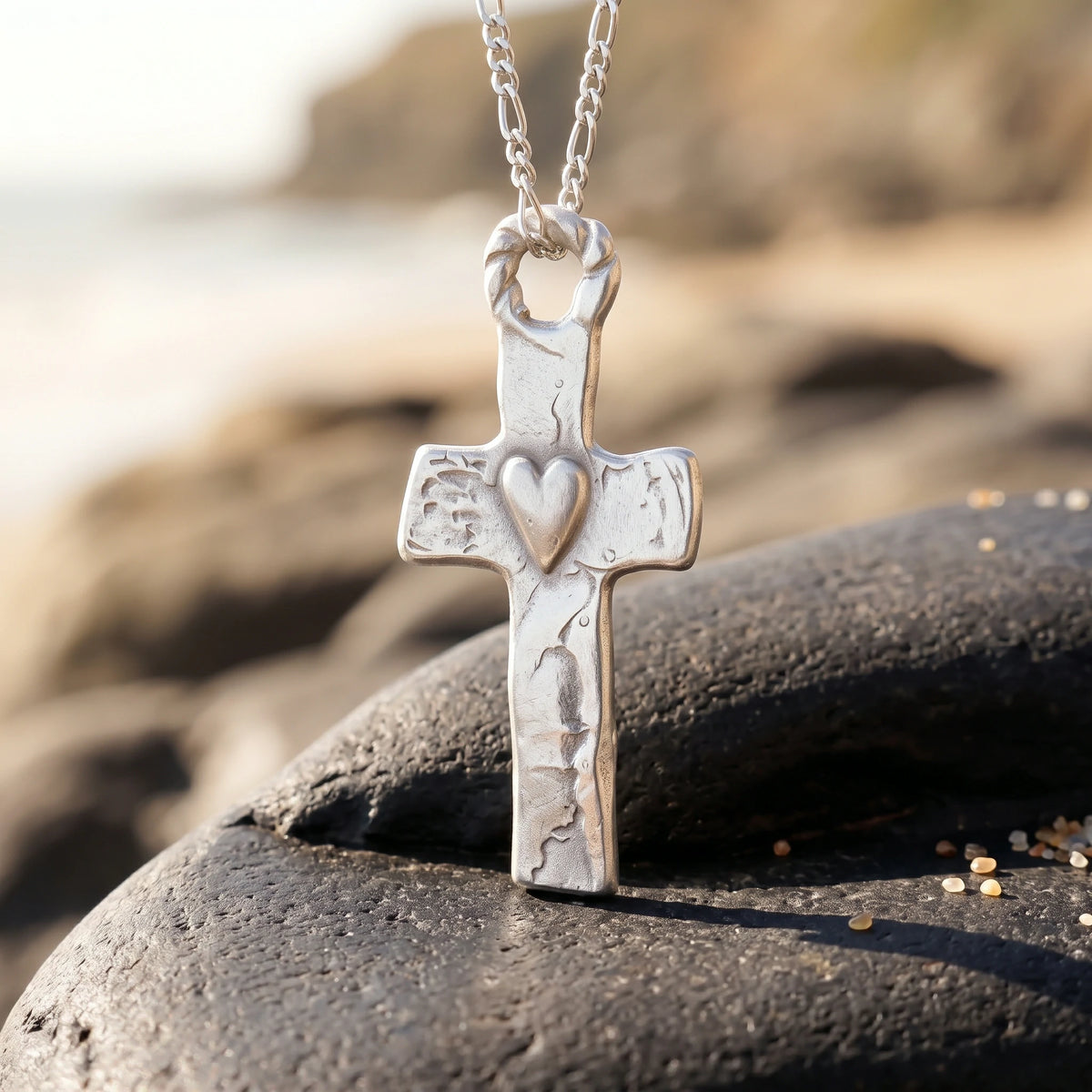 Rustic 925 Sterling Silver Sacred Heart Cross Necklace for Faith & Protection