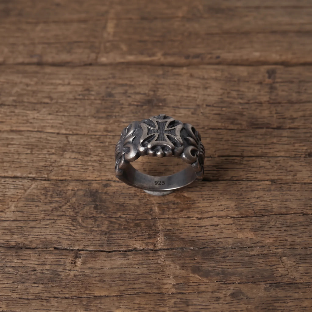 925 Sterling Silver Fleur de Lis Gothic Band, Personalized Biker Promise Ring, Religious Gift for Him
