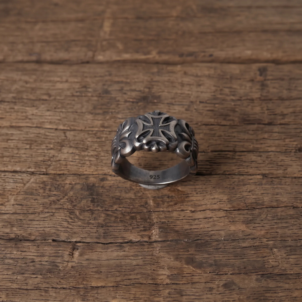 925 Sterling Silver Fleur de Lis Gothic Band, Personalized Biker Promise Ring, Religious Gift for Him