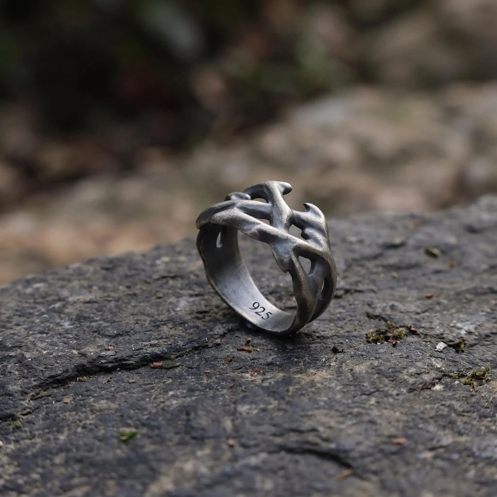 Custom Crown of Thorns Solid 925 Sterling Silver Ring, Engraved Gothic Thorn Band, Faith Gift