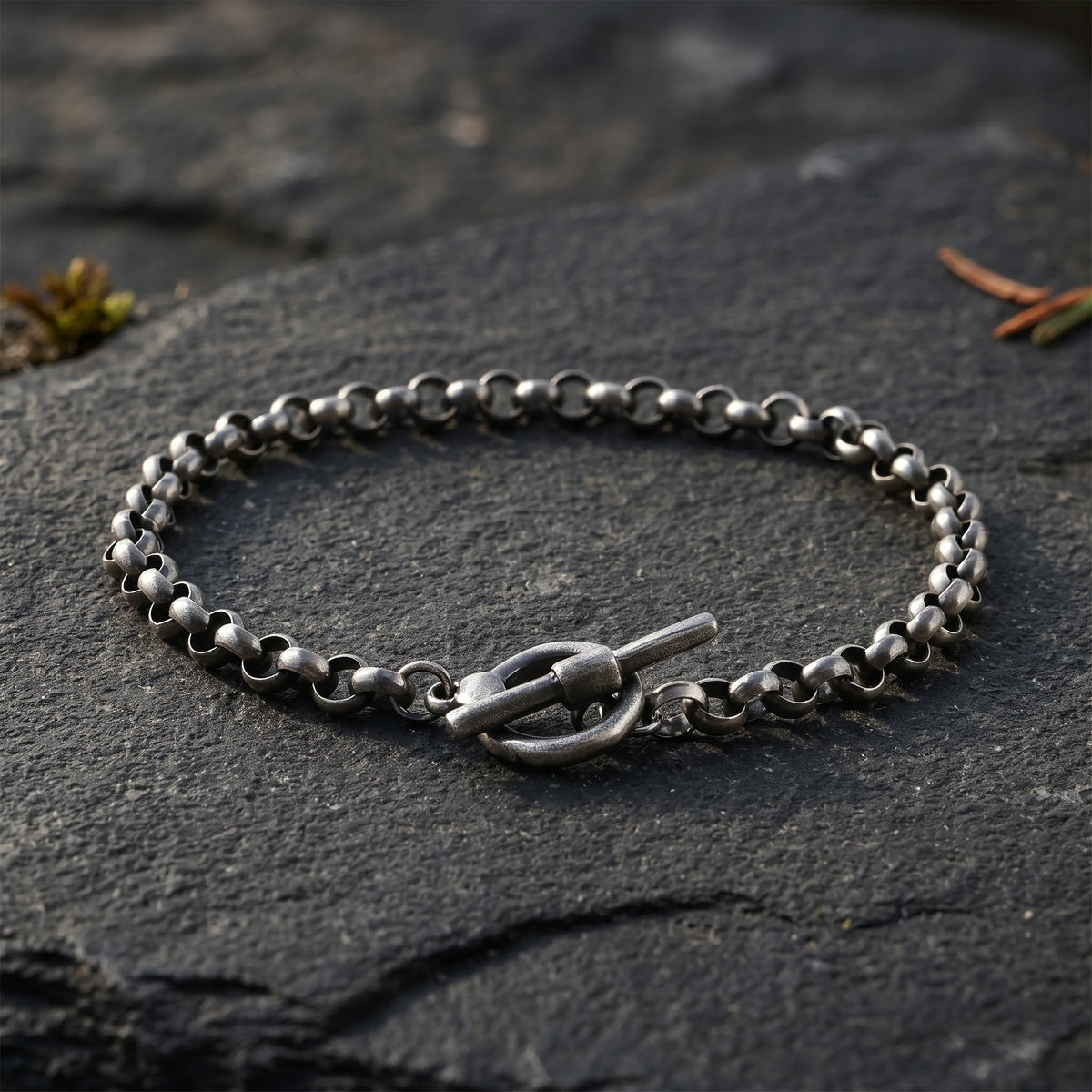 Modern Industrial Rolo Chain Bracelet, Oxidized 925 Sterling Silver Vintage Statement Wristband