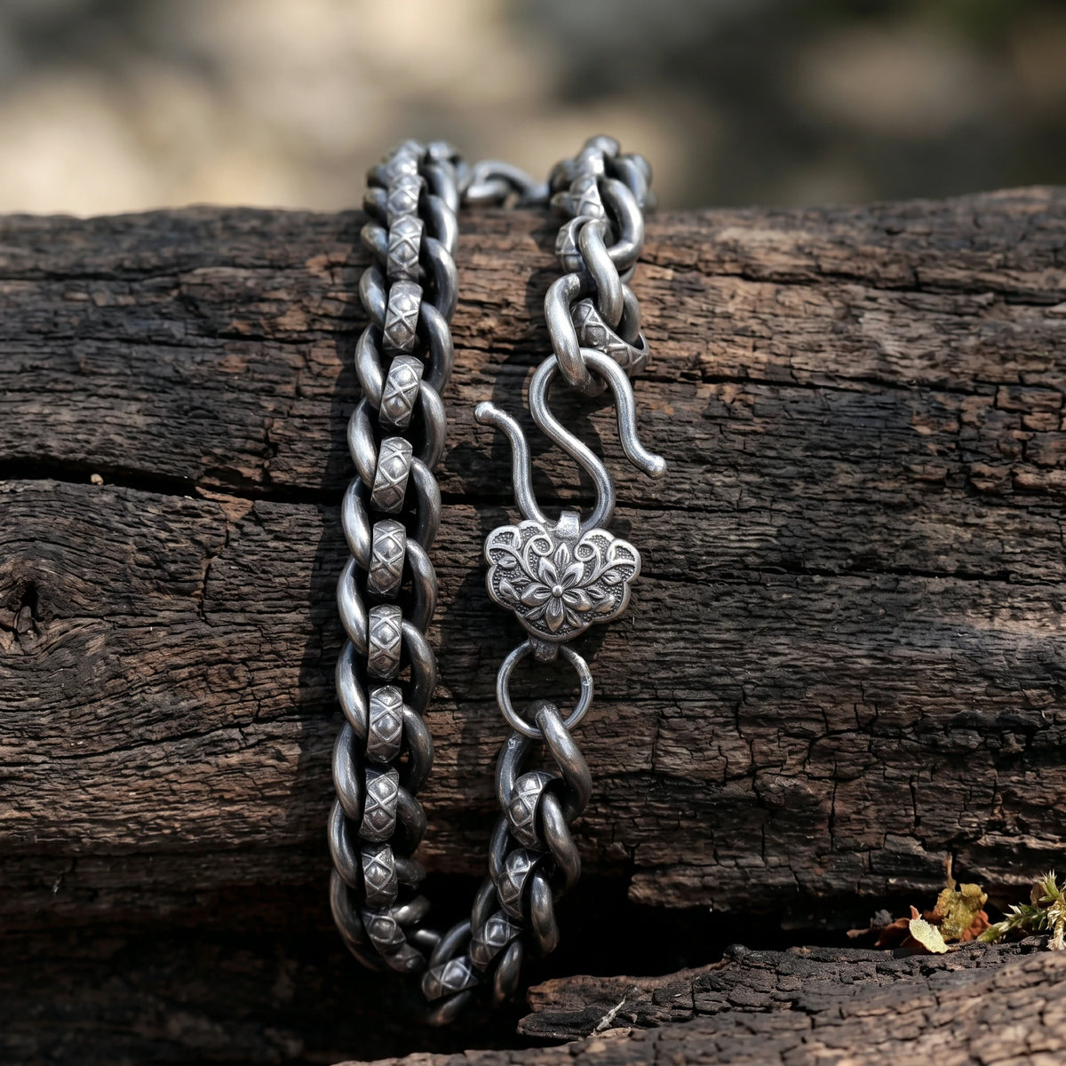 Vintage 925 Sterling Silver Floral Clasp Chain Bracelet for Women