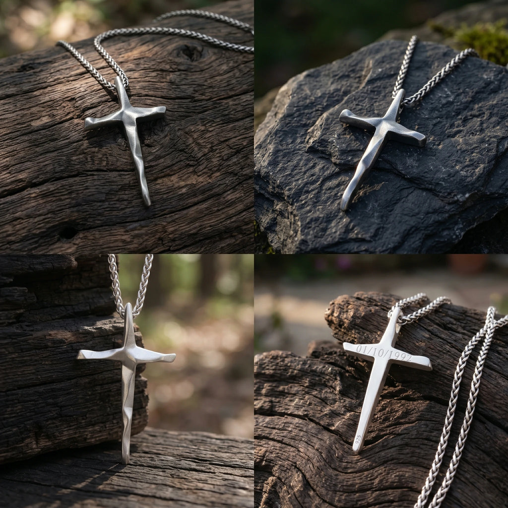 925 Sterling Silver Engravable Beveled Cross Pendant Blessed In Heavenly Salvation