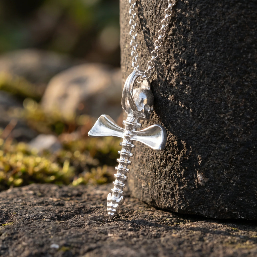 925 Sterling Silver Skull Spine Cross Pendant Symbolizing Victory Over Death And Faith