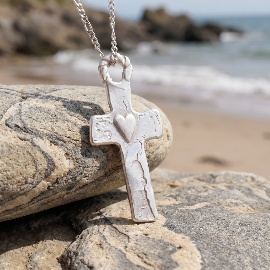 Rustic 925 Sterling Silver Sacred Heart Cross Necklace for Faith & Protection