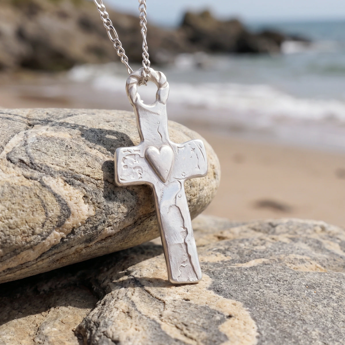 Rustic 925 Sterling Silver Sacred Heart Cross Necklace for Faith & Protection
