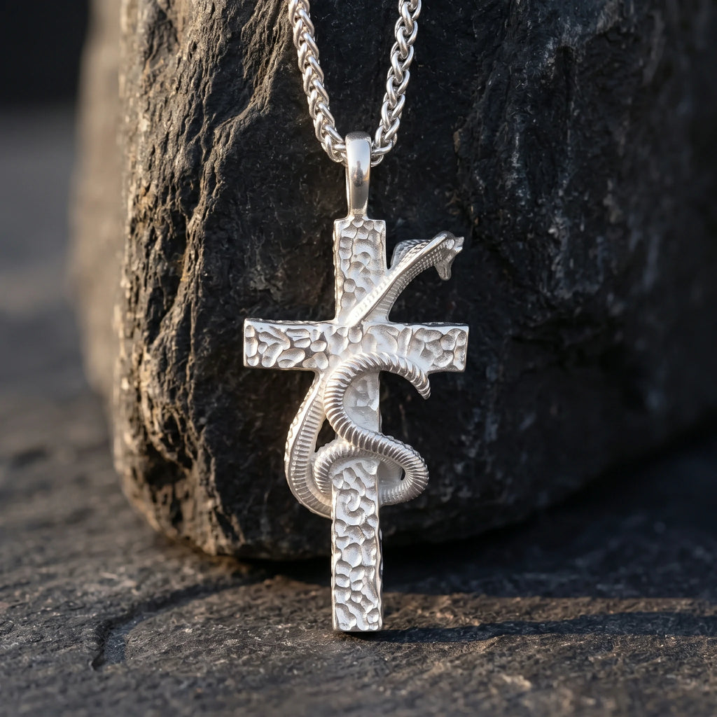 925 Sterling Silver Serpent Cross Pendant Conquering Evil With Divine Healing Faith