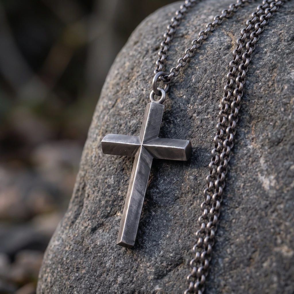 925 Sterling Silver Spiritual Beveled Prism Cross Durable Custom Engravable Necklace