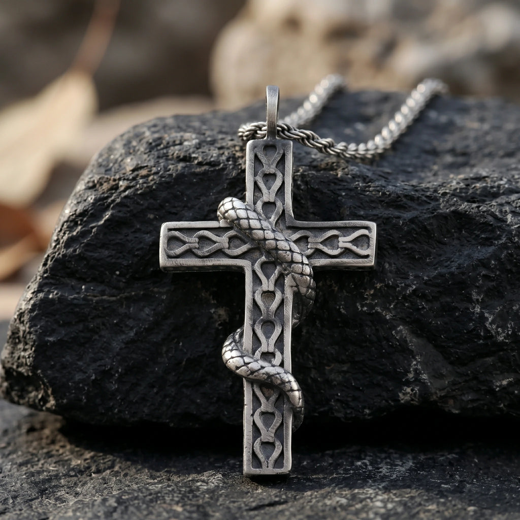 925 Sterling Silver Holy Snake Cross Durable Spiritual Faith Pendant Necklace
