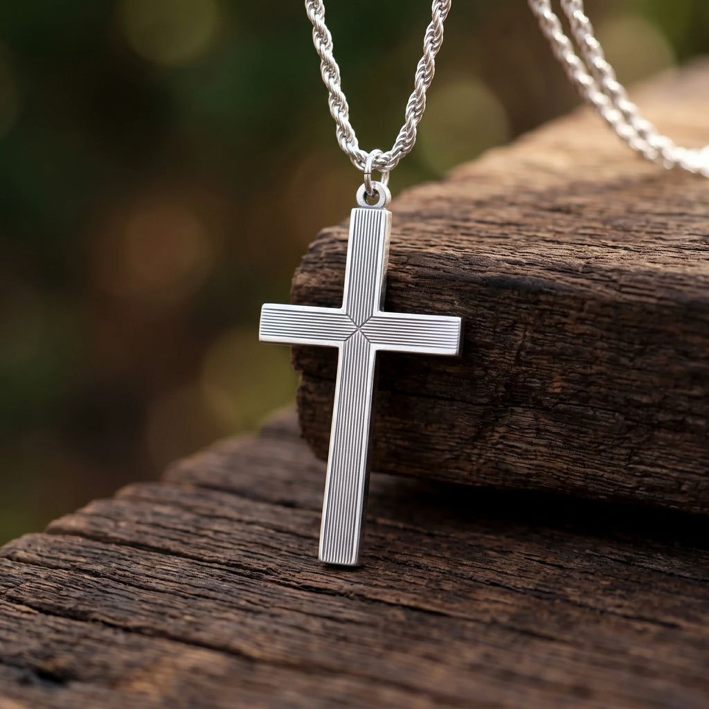 925 Sterling Silver Linear Grooved Cross Durable Custom Engravable Pendant