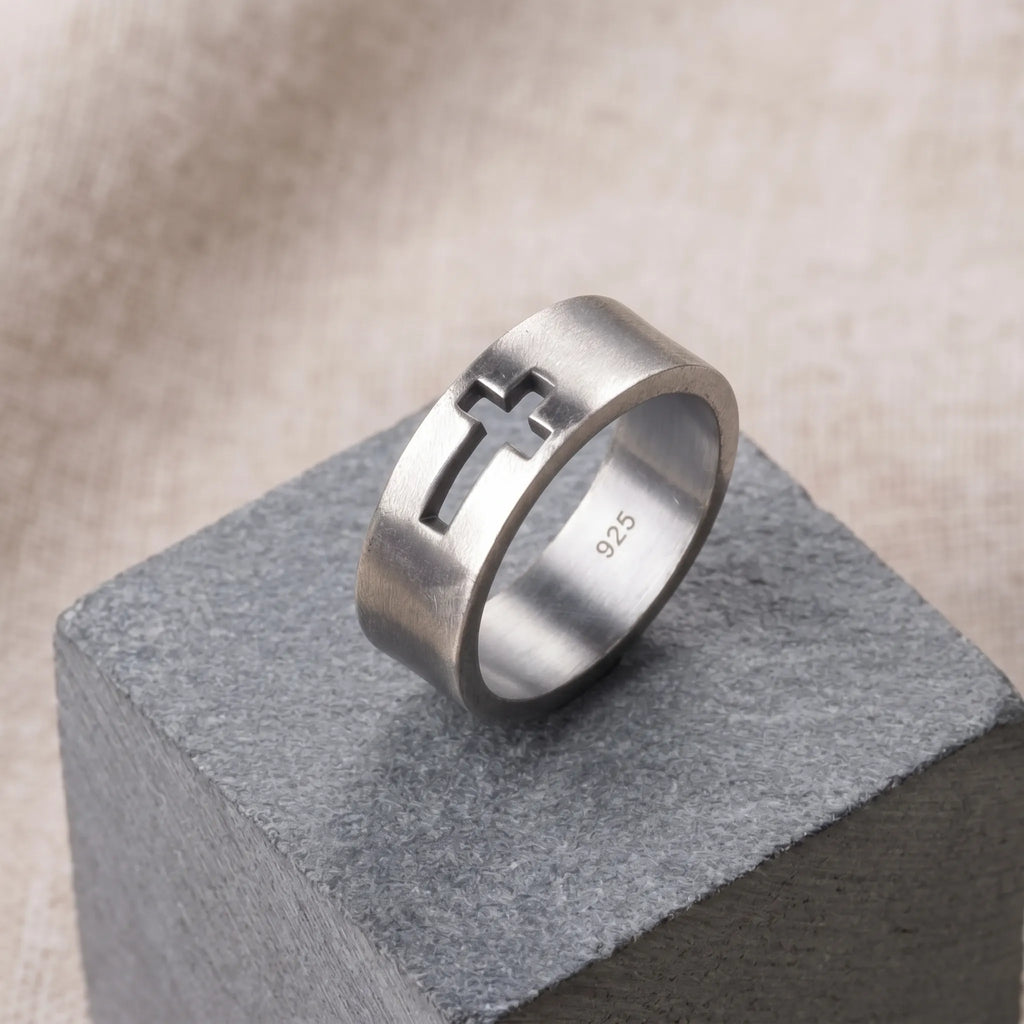 Personalized 925 Sterling Silver Cutout Cross Ring for Men Custom Engraved