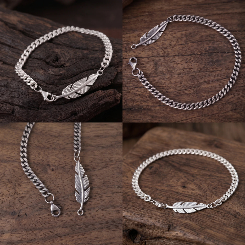 925 Sterling Silver Feather Curb Chain Bracelet With Custom Engravable Clasp Back