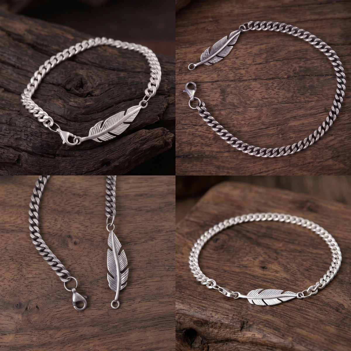 925 Sterling Silver Feather Curb Chain Bracelet With Custom Engravable Clasp Back