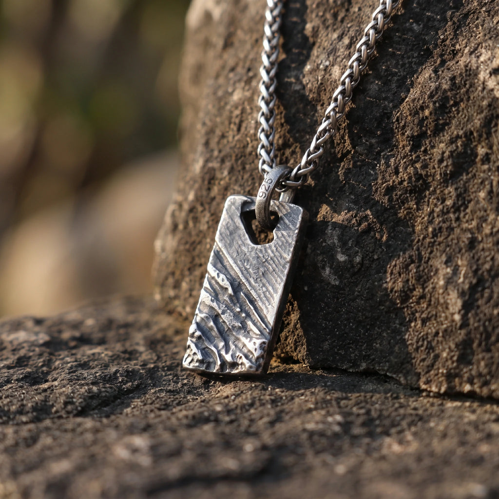 925 Sterling Silver Weathered Rock Tag Pendant Delivering Rugged Organic Texture