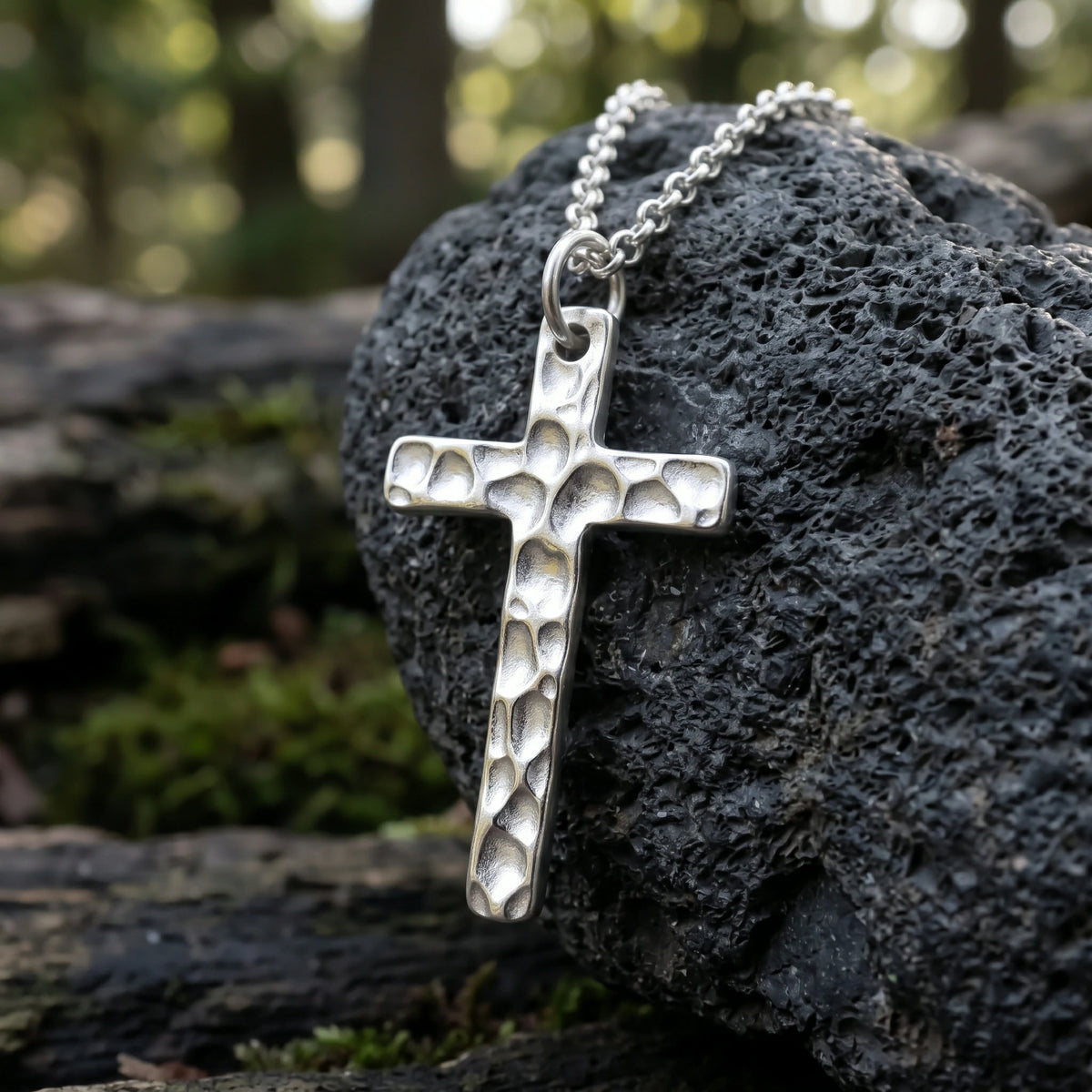925 Sterling Silver Hammered Cross Durable Faith Protection Necklace