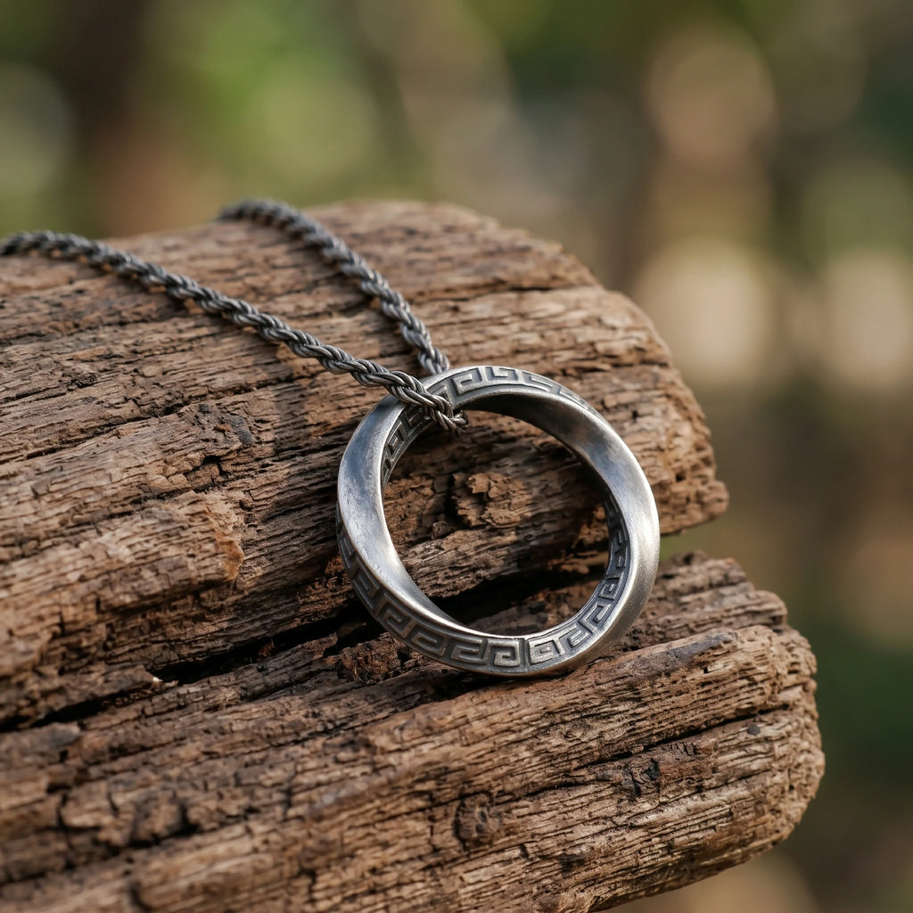 925 Sterling Silver Mobius Ring Pendant Necklace, Vintage Greek Key Eternity Jewelry