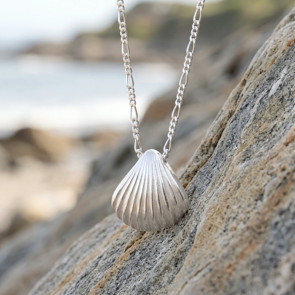 925 Sterling Silver Ribbed Scallop Shell Durable Coastal Pendant Necklace
