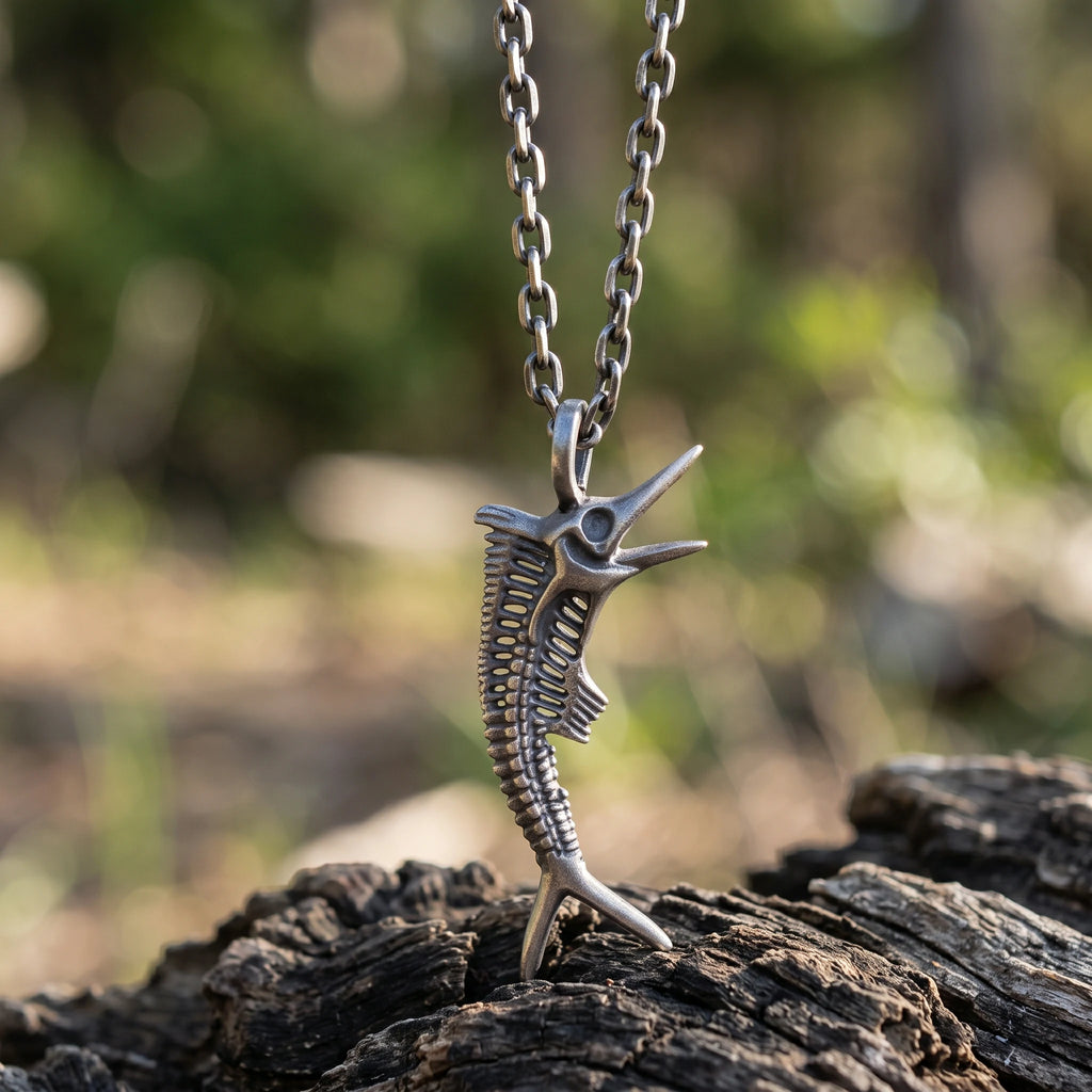 925 Sterling Silver Sailfish Skeleton Pendant Necklace, Vintage Marlin Fish Bone Jewelry
