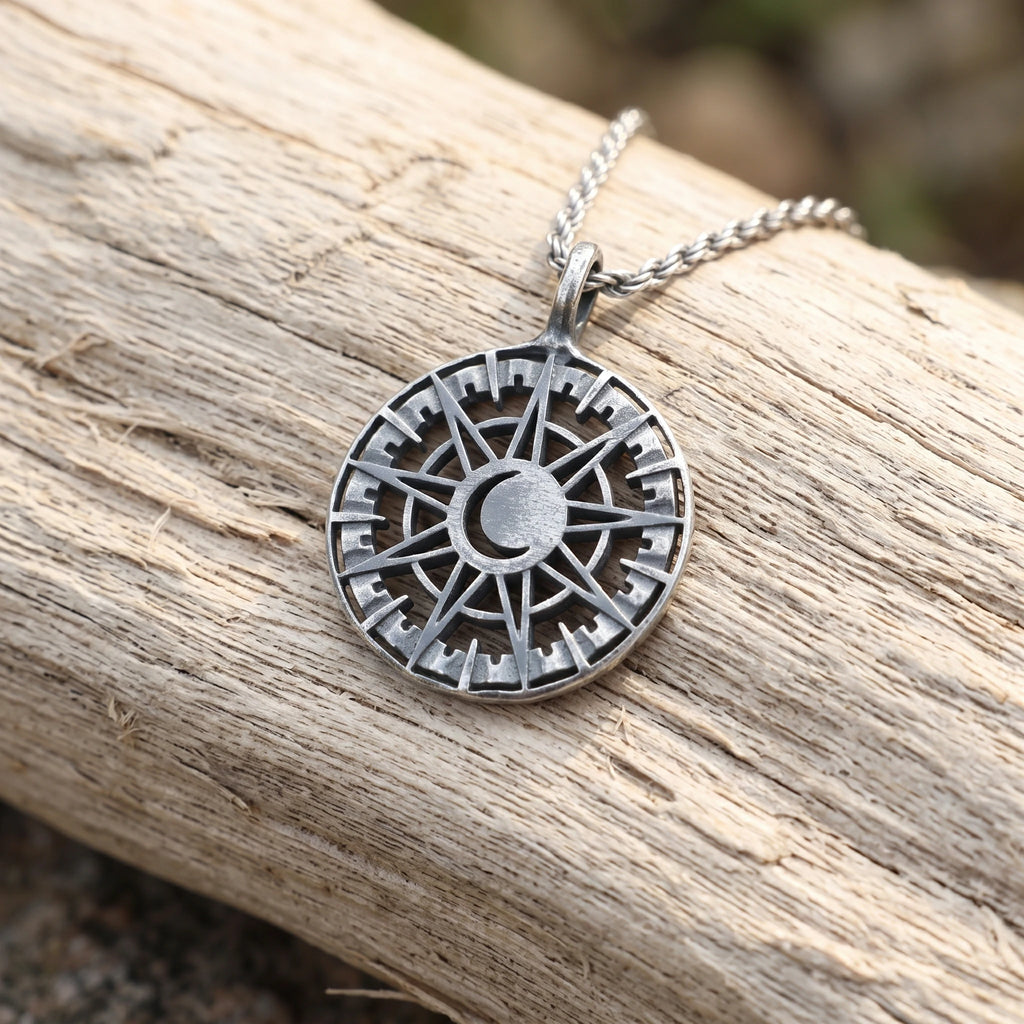 925 Sterling Silver Sun and Moon Pendant Necklace, Celestial Compass Astrolabe Jewelry