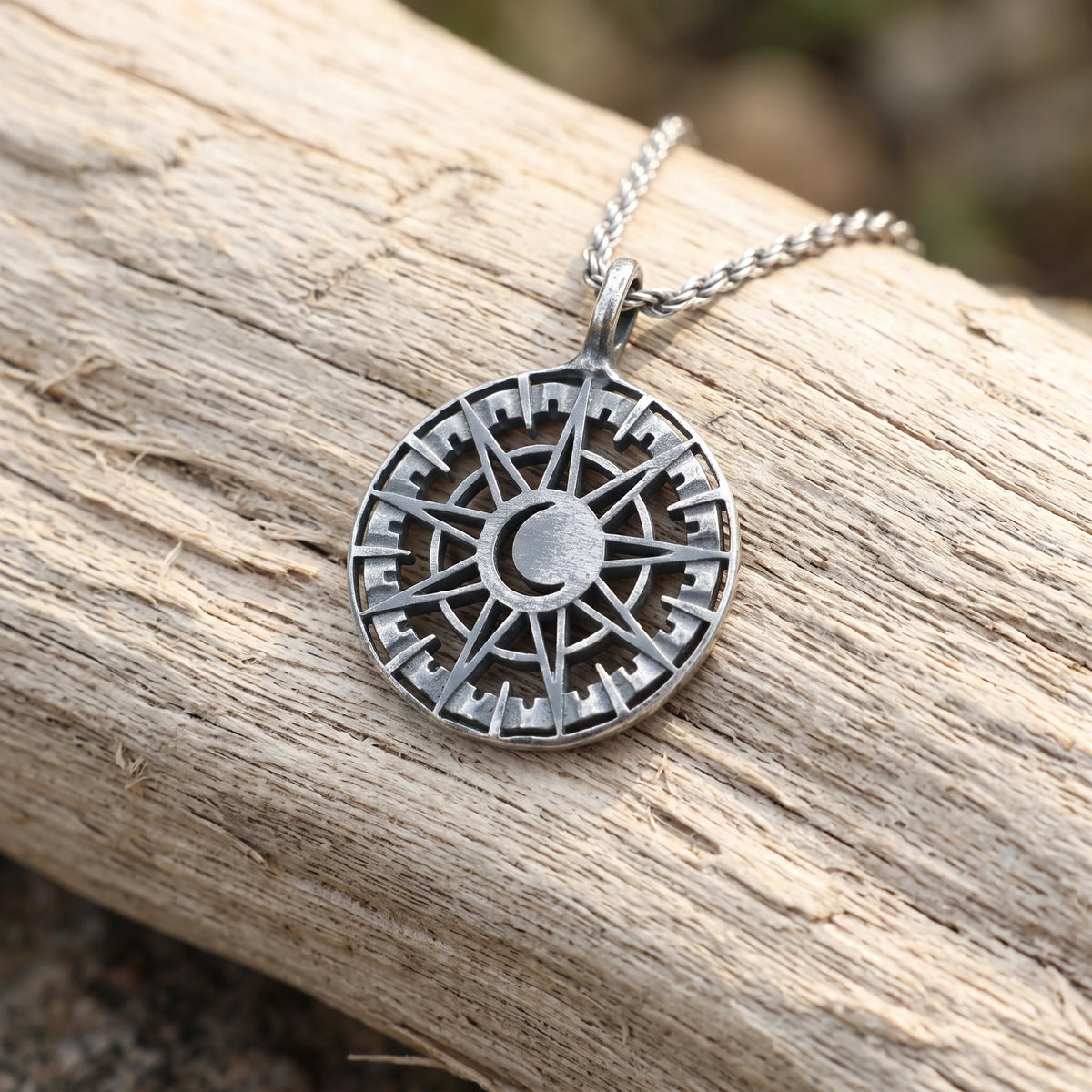 925 Sterling Silver Sun and Moon Pendant Necklace, Celestial Compass Astrolabe Jewelry