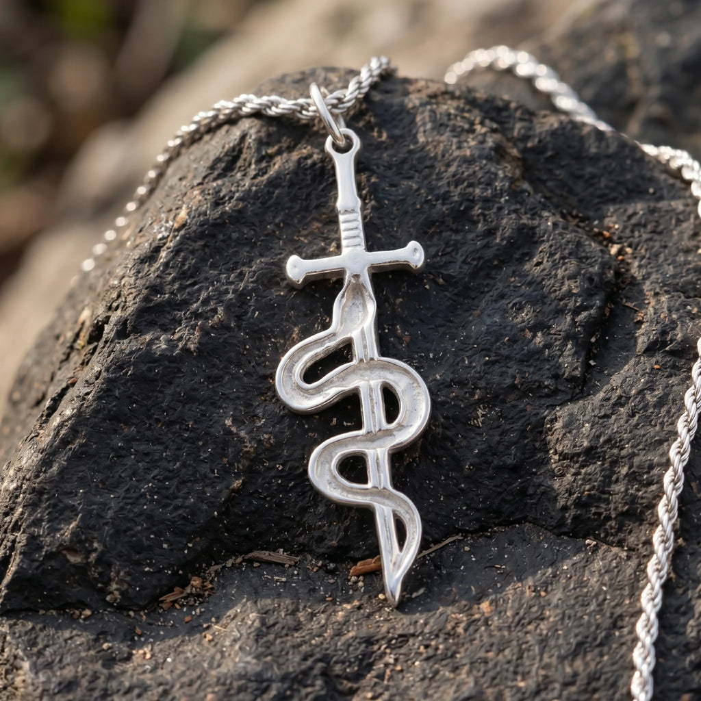 925 Sterling Silver Vintage Durable Snake and Sword Pendant Necklace