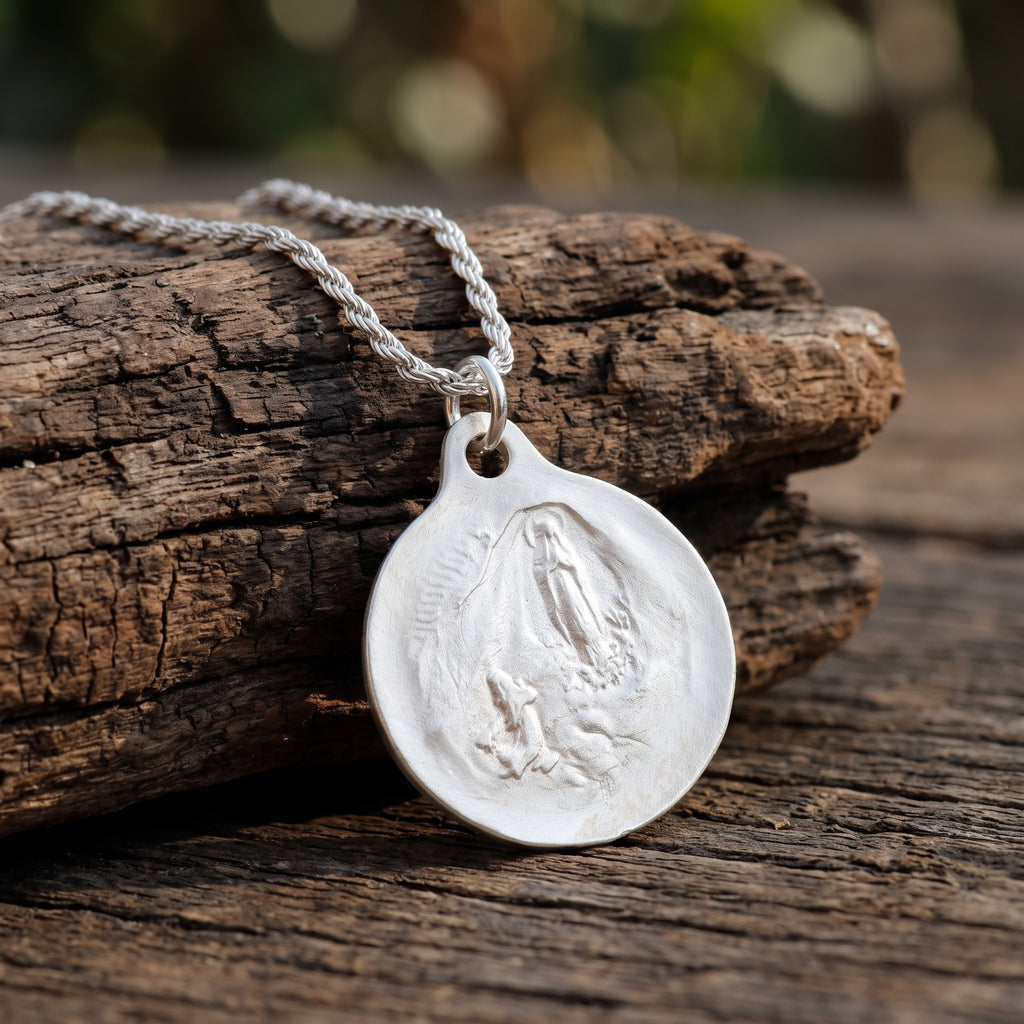 925 Sterling Silver Virgin Mary Medal Pendant, Vintage Religious Madonna Necklace