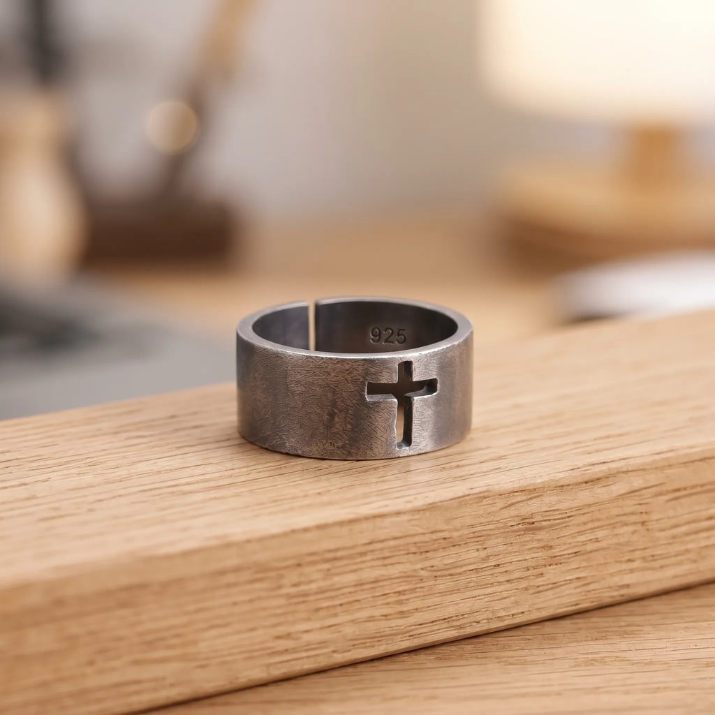 Men‘s 925 Sterling Silver Cutout Cross Ring-Personalizable Engraving Band