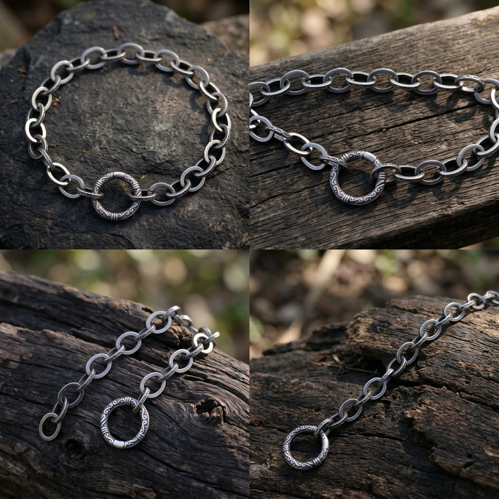 925 Sterling Silver Vintage Cable Link Bracelet with Carved Spring Ring