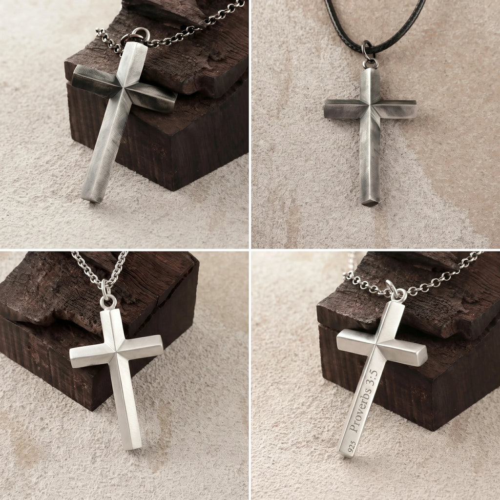 925 Sterling Silver Spiritual Beveled Prism Cross Durable Custom Engravable Necklace