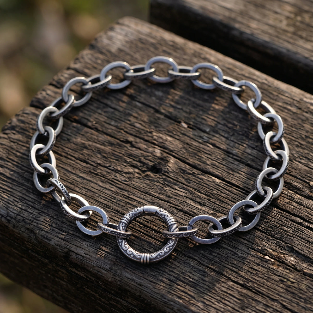 925 Sterling Silver Vintage Cable Link Bracelet with Carved Spring Ring