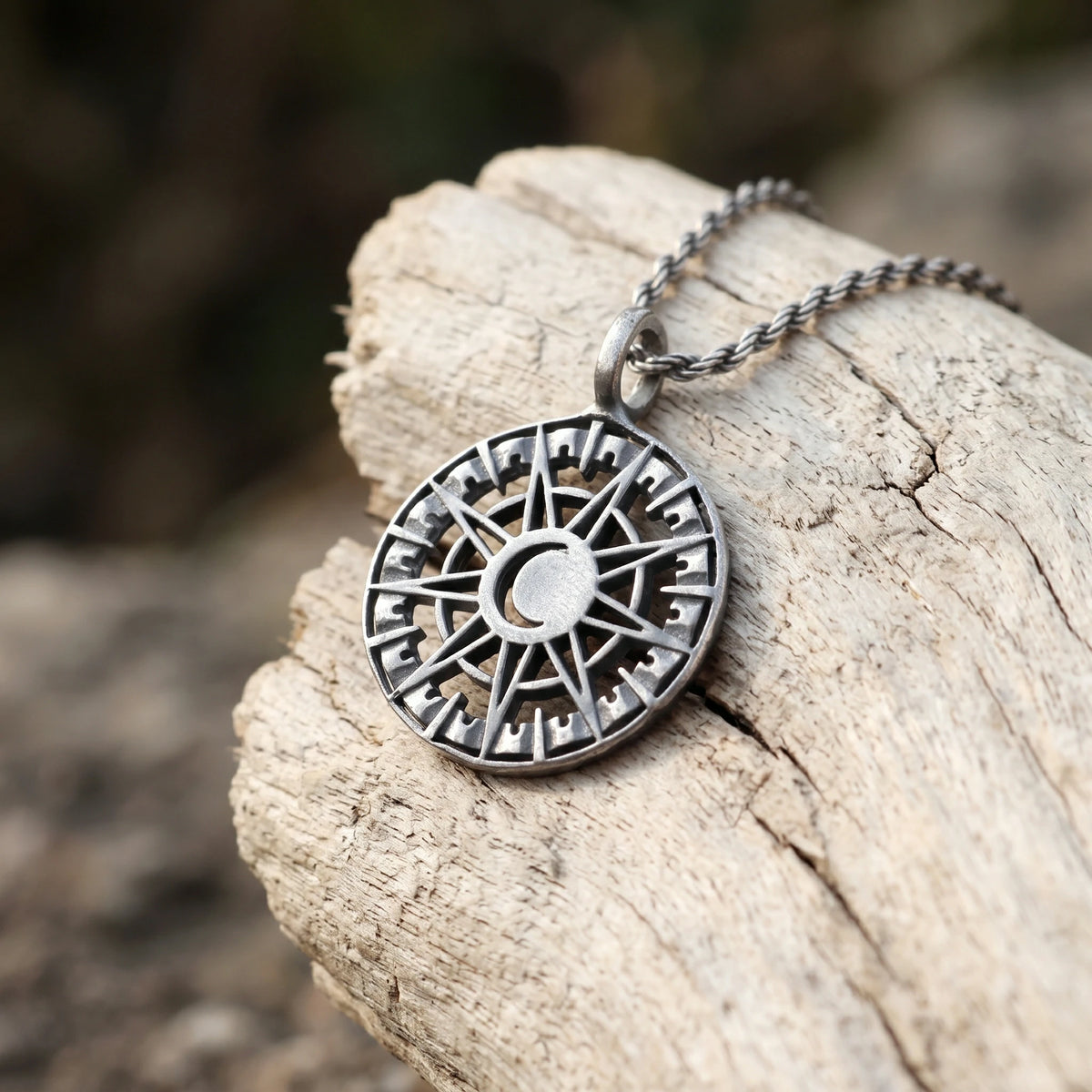 925 Sterling Silver Sun and Moon Pendant Necklace, Celestial Compass Astrolabe Jewelry