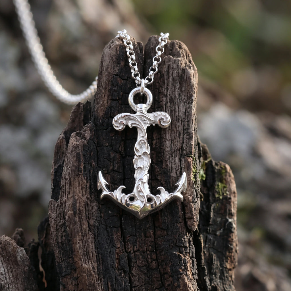 925 Sterling Silver Vintage Anchor Pendant Necklace, Baroque Nautical Sailor Charm Jewelry
