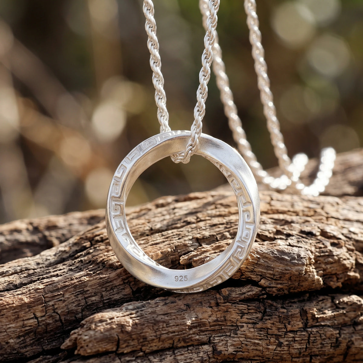 925 Sterling Silver Mobius Ring Pendant Necklace, Vintage Greek Key Eternity Jewelry