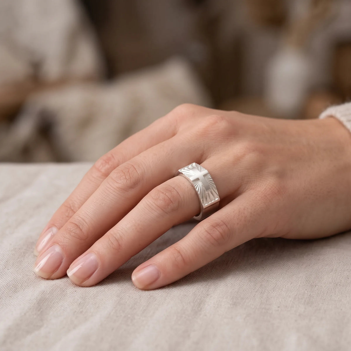 Custom Engraved 925 Sterling Silver Cross Signet Ring, Religious Faith Band for Men