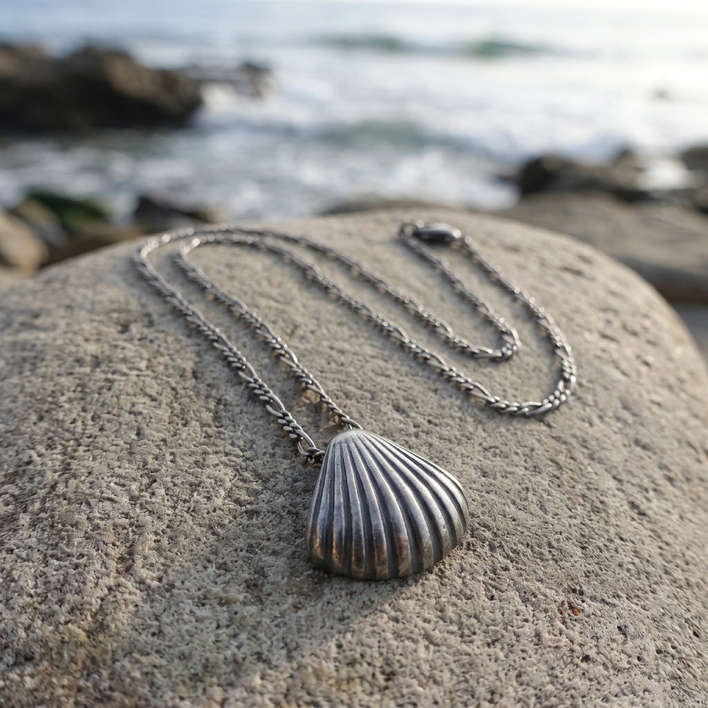 925 Sterling Silver Ribbed Scallop Shell Durable Coastal Pendant Necklace