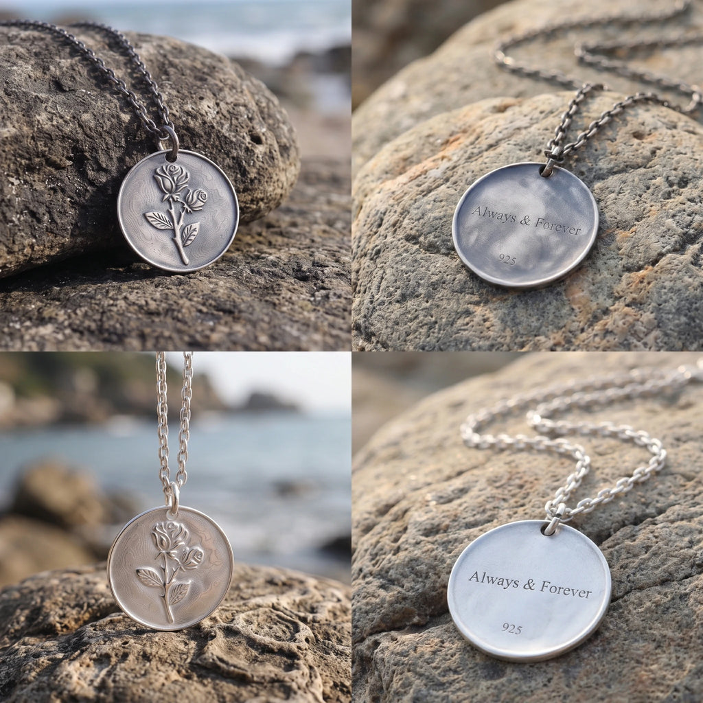 925 Sterling Silver Rose Pendant Necklace, Engravable Personalized Floral Medallion