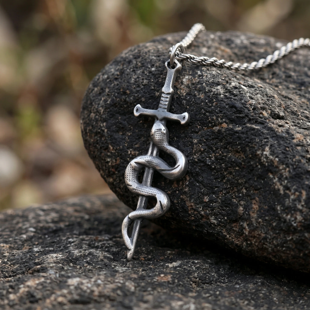 925 Sterling Silver Vintage Durable Snake and Sword Pendant Necklace
