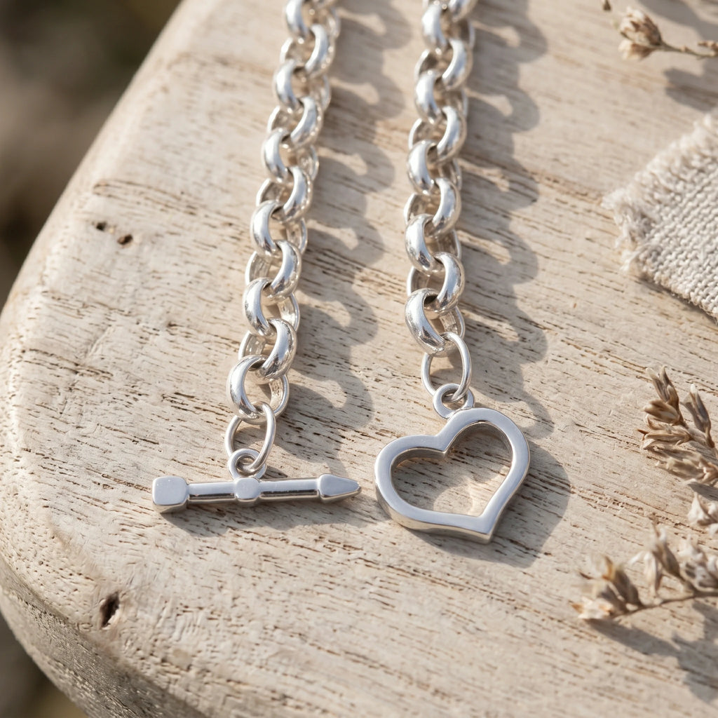 925 Sterling Silver Cupid's Arrow Heart Toggle Clasp Rolo Chain Bracelet